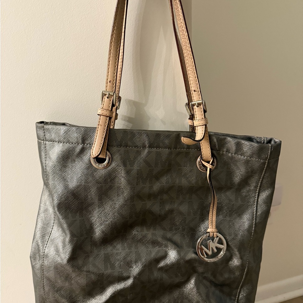 Michael Kors Metallic Gray Tote with Tan Straps
